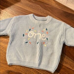 First 1st Birthday Light Blue Knit Sweater with Embroidery